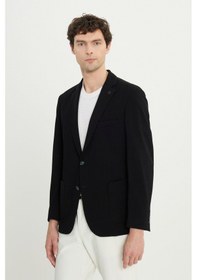 Resim Erkek Sıyah Pamuklu Slim Fit Dar Kesim Armürlü Esnek Torba Cepli Blazer Ceket Siyah 