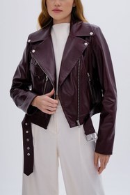 Resim Valmenti Kadın Hakiki Deri Bordo Biker Ceket VLM3908 - XL 