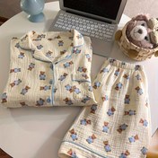Resim Sevimli Ayı Temalı Kadınlar İçin Saf Pijama Takımı - Yazlık Kısa Kollu ve Bol Şortlu Ev Giyimi 