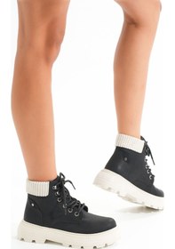 Resim Lmç-2045 Siyah-bej Taban Bağcıklı Kalın Taban Kadın Günlük Bot Acı Kahverengi 