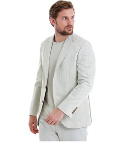 Resim Hatemoğlu Bej Slim Fit Çizgili Mono Yaka Casual Keten Ceket 14242024c002 25 Bej 