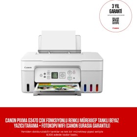 Resim Canon PIXMA G3470 Çok Fonksiyonlu Renkli Mürekkep Tanklı Beyaz Yazıcı/Tarama + Fotokopi/Wifi (Canon Eurasia Garantili) 