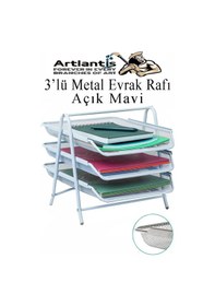 Resim Evrak Rafı Metal 3 Lü Mavi 1 Paket Masaüstü A4 Dosya Düzenleyici Kağıt Tepsisi Metal Çelik Fileli Dört Katlı Hareketli Açık Mavi 