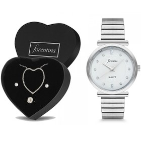 Resim Forentina Bayan Gri Metal Kol Saati Kalpli Takı Seti Kombin PS247 