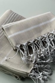 Resim %100 Pamuk Peştemal | Hafif, Emici, Hızlı Kuruyan | Peştemal + Peşkir Set | Sultan (Bej) 