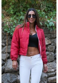 Resim Keyifli Moda Kadın Bordo Dik Yaka Çıtçıtlı Fermuarlı Kısa Şişme Mont - 38 Bordo 