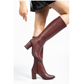 Resim Ysn-4422 Bordo Cilt Topuklu Kadın Çizme Açık Bej - Kahverengi 