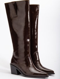 Resim DENORA Kahve Kırışık Rugan Düz Binici Western Kovboy Bot Çizme 