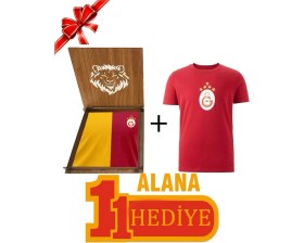 Resim Galatasaray Orijinal Parçalı Sarı Kırmızı T-Shirt 5 Yıldız Kırmızı T-Shirt Ahşap Kutu Hediyeli 