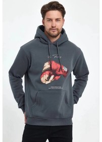 Resim Assema Erkek Kapüşonlu Üç İplik Pamuklu Baskılı Sweatshirt - Füme Çok Renkli 