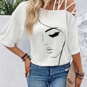 Resim Kadınlar İçin Omuz Açık Grafik Tişört - Esnek Polyester Kumaş, Kısa Kollu, Çapraz Askı Detaylı, Şık Yüz Baskılı, Günlük Tatil Stili, Makinede Yıkanabilir 