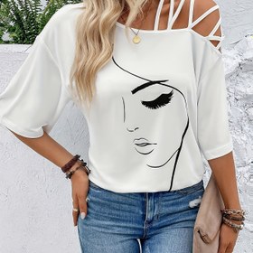 Resim Kadınlar İçin Omuz Açık Grafik Tişört - Esnek Polyester Kumaş, Kısa Kollu, Çapraz Askı Detaylı, Şık Yüz Baskılı, Günlük Tatil Stili, Makinede Yıkanabilir 