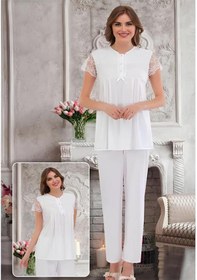 Resim Pijamis 2021 Kısa Kol Kadın Lohusa Hamile Pijama Takım Pudra 