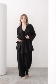 Resim İpekçi Otantik %100 Saf Keten Kuşaklı Kısa Kimono Siyah 