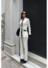 Resim WeShaya Kadın Ekru Siyah Triko Uzun Kol Polo Yaka Takım Ekru - Siyah 