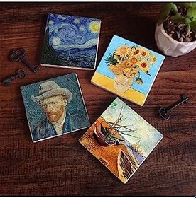Resim Van Gogh Balıkçı Tekneleri, On İki Ayçiçekli Vazo, Yıldızlı Gece, Otoportre Taş Bardak Altlığı Seti - 4 Parça - Dekoratif, Rustik Mutfak Aksesuarı, 10x10 cm, Kaydırmaz Tabanlı SC154 