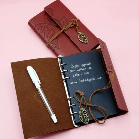 Resim SHC4200 Kahverengi Deri Siyah Yapraklı Defter Beyaz Jel Kalem Seti 