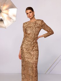 Resim Gold Sequin Backless Dress - 38 