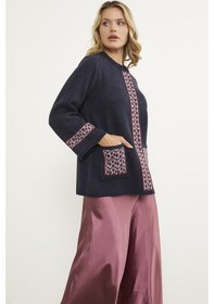 Resim Sementa Leopar Detaylı Geniş Kalıp Triko Hırka - Lacivert 001 