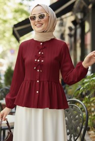 Resim N.S NEVA STYLE Düğmeli Bordo Tesettür Tunik 11002BR 