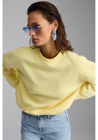 Resim Grimelange Vaneltına Kadın Içi Polarlı 3 Iplik Organik Pamuk Oversize Basic Bisiklet Yaka Sarı Sweatshirt 
