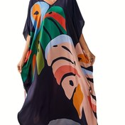 Resim Kadınların Canlı Çiçek Desenli Plaj Örtüsü Elbisesi - V Yaka, Bol Kesim, Yırtmaç, Yaz Tatili ve Havuz Kenarı Giyim için Hafif Polyester, Plaj Elbiseleri 