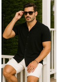 Resim Erkek Kısa Kollu Örme Kumaş Pamuklu Gömlek Siyah 