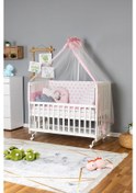Resim Ahşap Beşik Anne Yanı Beşik Beyaz 70x130 - Pembe Yıldız 3 Yastıklı Uyku Seti + Yataklı + Tekerlekli Beyaz 