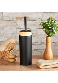 Resim Bambu Görünümlü Ahşap Desen Tuvalet Fırçası Seti Banyo - Mutfak - Tuvalet - Balkon Siyah, Fırça Siyah 