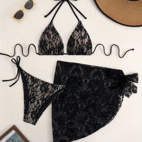 Resim Dantel Askılı Üçgen Çanta Tül Etek Üç Parça Bikini Seti 