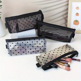 Resim Canlı Kalp Desenli File Kozmetik Çantası - Ruj Saklama Bölmeli Şeffaf Seyahat Makyaj Fırçası Düzenleyici, Taşınabilir Yeniden Kullanılabilir Polyester Kalem Kutusu Kadınlar için, Temizlemesi Kolay 