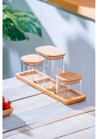 Resim Acar Malibu Bambu Standlı 3 Lü Borosilikat Cam Baharatlık Seti Şeffaf 