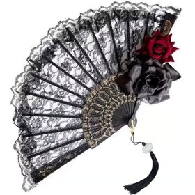 Resim ZOXFAN Vintage Lace Rose El Fanı - Siyah ve Altın Çiçek Desenli, Halloween Cosplay, Kostümler, Dekorasyonlar ve Hediyeler için İdeal, Eğlenceli İspanyol Katlanabilir Parti Aksesuarı 