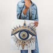 Resim 1 adet Polyester Böyük Göz Tote Çantası - Şık Beyaz Kanvas Alışveriş Çantası Mavi ve Altın Mandala Tasarımı ile, Kadınlar için Geniş Omuz Çantası, Market Malzemeleri, Seyahat, Sevgililer Günü, Anneler Günü ve Daha Fazlası için Mükemmel, Tekrar Kullanılabilir Alışveriş Çantası | İncelikli Desenli Çanta | Dayanıklı Kolu Çanta 