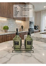 Resim Modern Çizgili - Kabartmalı Cam İkili Sıvı Sabunluk & Deterjanlık Seti - 500ml Standlı Mutfak Ve Banyo Organizeri Yeşil 