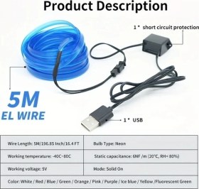 Resim Trendooze Turcoshop11 1 Adet 5m Usb Arac İçi El Led Neon Işık Şeridi Mavi Renk Konfor Aydınlatma 