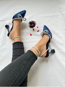 Resim Gamze Shoes Lacivert Renk Saten Bilekten Bağlama Fiyonk Taşlı 