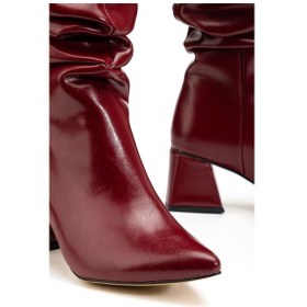 Resim Syt-2002 Bordo Kırışık Rugan Körüklü Kalın Topuklu Günlük Bayan Çizme Açık Bej - Kahverengi 