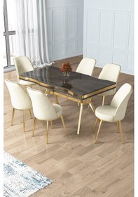 Resim Canisa Prah Serisi 90x160 Lak Panel Antrasit Ironi Gold Ayak Masa Takımı 6 Cappucino Sandalye Siyah Mermer Desen Masa Krem Sandalye 