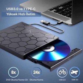 Resim TechTic 8’si 1 Arada Harici CD DVD Yazıcı USB 3.0 Type-C - Çoklu USB Hub, SD/TF Kart Okuyucu, Taşınabilir Optik Sürücü 
