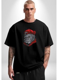 Resim Kırmızı Şapka Maymun Pamuklu Bisiklet Yaka Unisex Oversize Boyfriend Dijital Baskılı Siyah T-shirt Siyah 