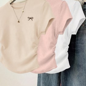 Resim 3 adet Kadın Rahat Dar Beden T-Shirt'ler, Yelek Baskılı ve Yapraklı Detaylı - Yuvarlak Yaka, Kısa Kollu, Beyaz, Beyaz, Pembe Renkli Tee Seti 