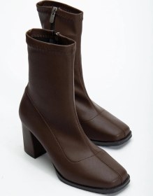 Resim Kahverengi Kadın Topuklu Bot Streç Suni Deri Küt Burunlu Kalın Topuklu-4236 Kahve 