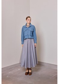 Resim R4 Julianna Çift Kat Tül Beli Lastikli Kloş Etek Mavi 