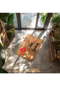 Resim Hoş Geldiniz Yazılı Köpek Figürlü Kapı Önü Paspası Dekoratif Kaymaz Taban Altın 