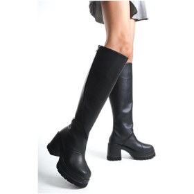 Resim Kadın Siyah Cilt Döner Fermuarlı 8 Cm Platform Topuklu Diz Altı Çizme Siyah 