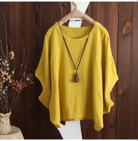 Resim Kadın Pamuklu Ve Keten Büyük Beden İçi Boş Tişört Sarı Sari 