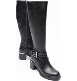 Resim Velmira Kadın Siyah Deri Fermuarlı Platin Tokalı Kalın Topuklu Çizme 6cm Siyah 