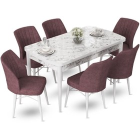 Resim Canisa Concept Fer Serisi 70x114 Açılabilir Beyaz Mermer Desen Masa Takımı Ve 6 Gül Kurusu Sandalye 
