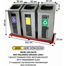 Resim Arı Metal Geridönüşüm Kovası Camlı Paslanmaz 3 Lü 